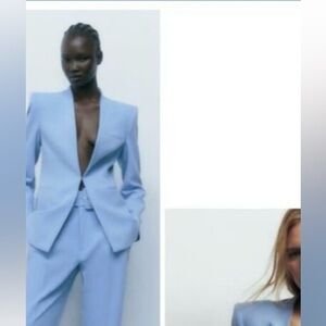 Baby blue collarless blazer from Zara